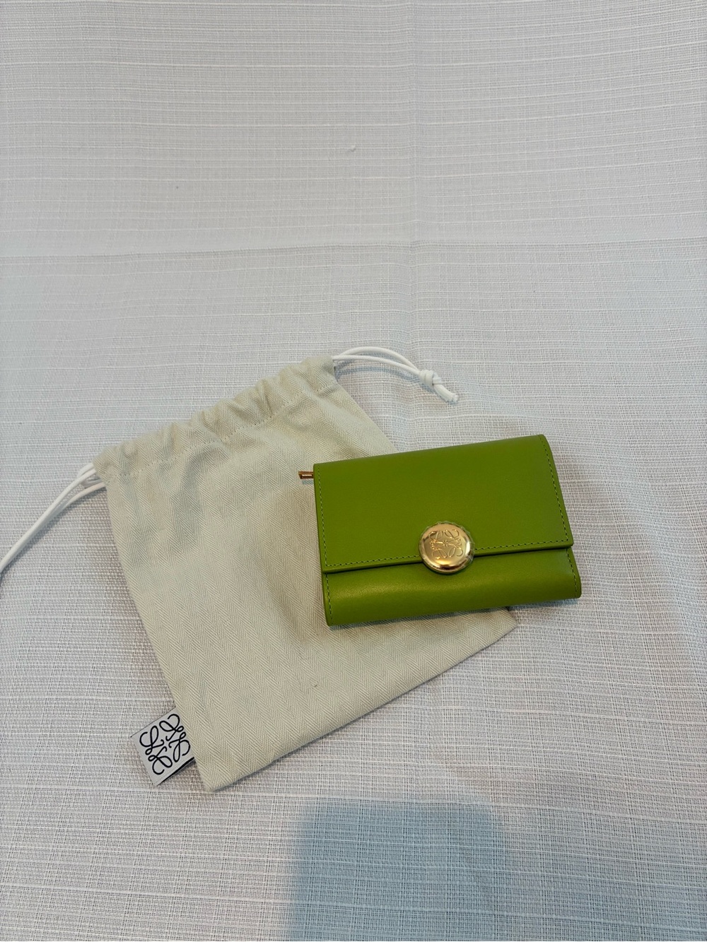Loewe Calfskin Small Green Vert Vertical Wallet with Gold Hardware Medallion